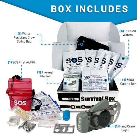 UrbanPrepp 72 Hour Survival Box - 1 Person Emergency Food, Water, Thermal Blanket, Emergency Rations for Floods, Blackout, Earthquake, Car, Work, School